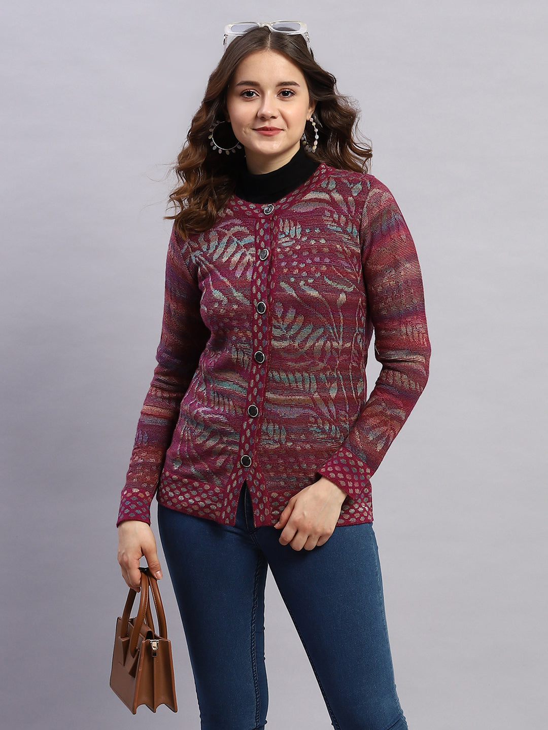 Women Magenta Self Design Round Neck Sleeveless Cardigan