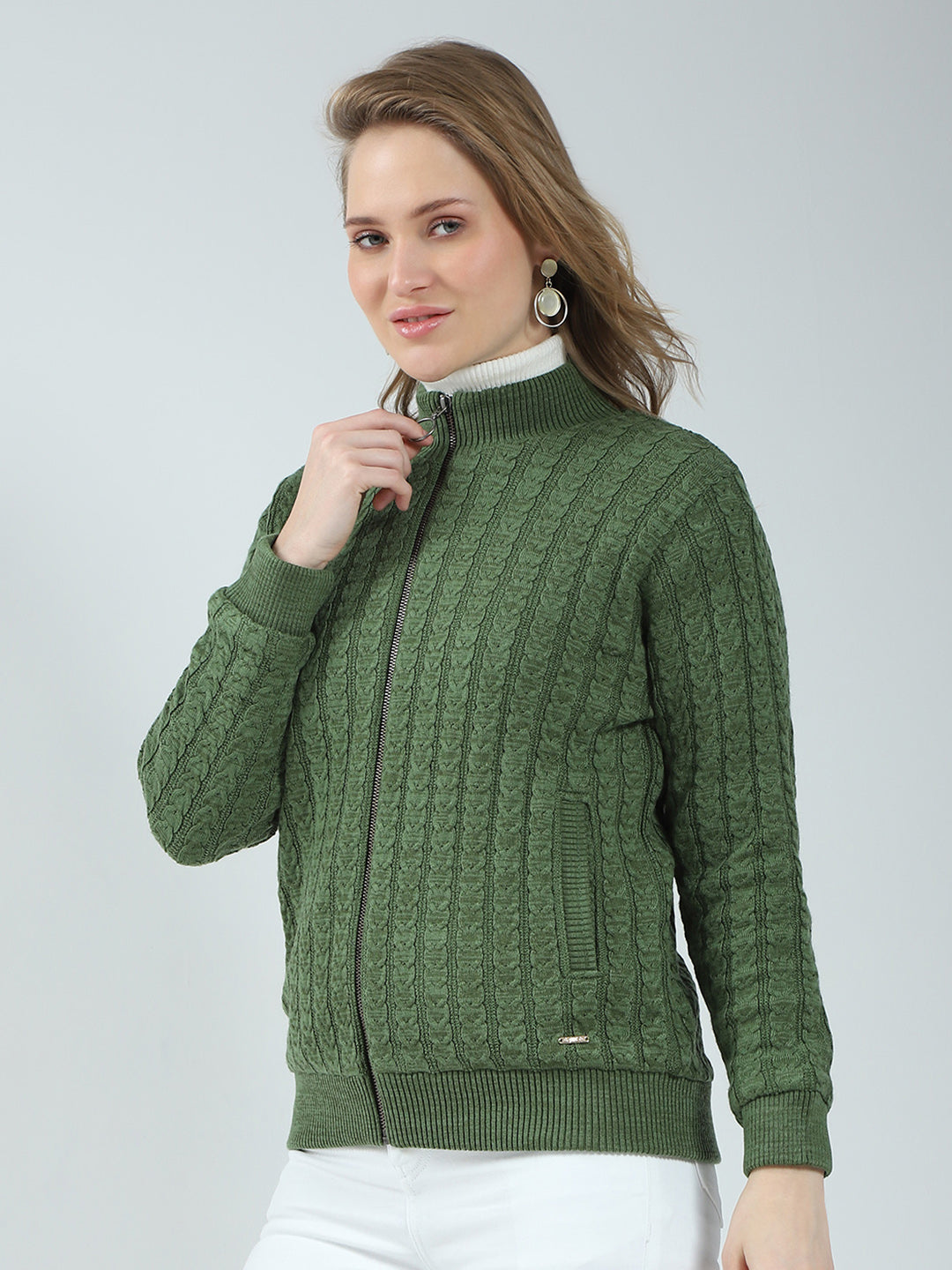 Women Green Self Design Mock Neck Full Sleeve Jacket