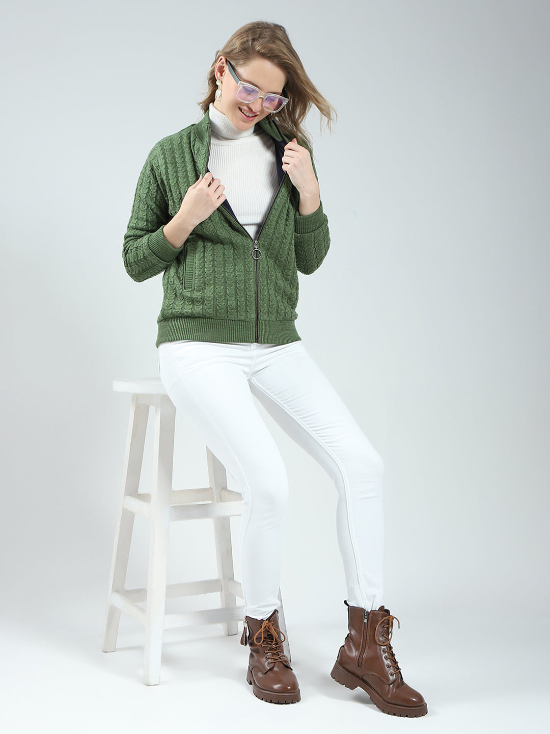 Women Green Self Design Mock Neck Full Sleeve Jacket