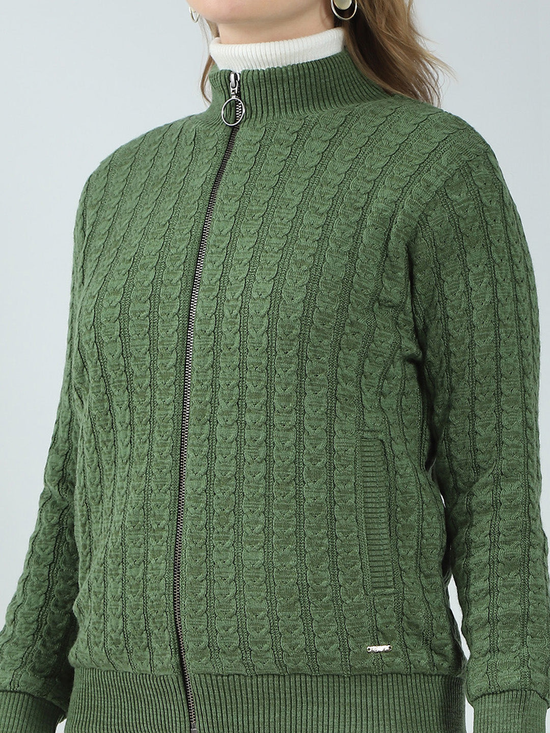 Women Green Self Design Mock Neck Full Sleeve Jacket