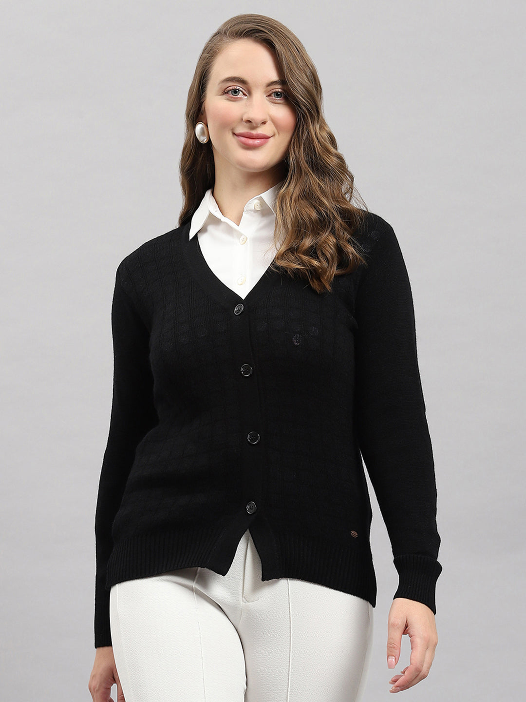 Women Black Self Design V Neck Full Sleeve Cardigan