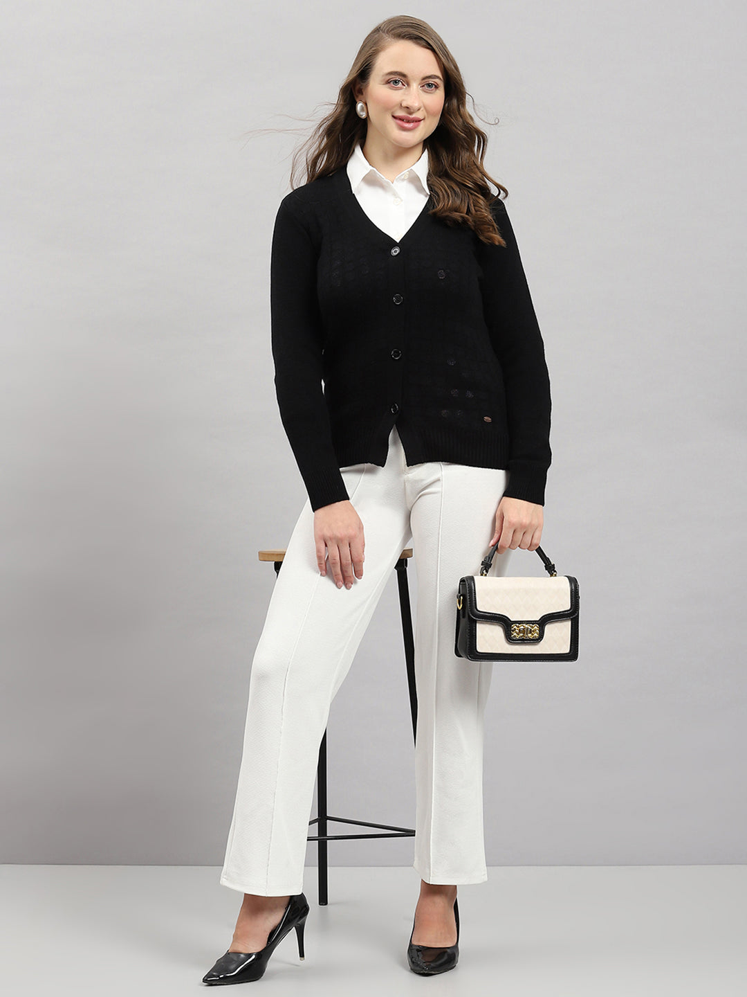 Women Black Self Design V Neck Full Sleeve Cardigan