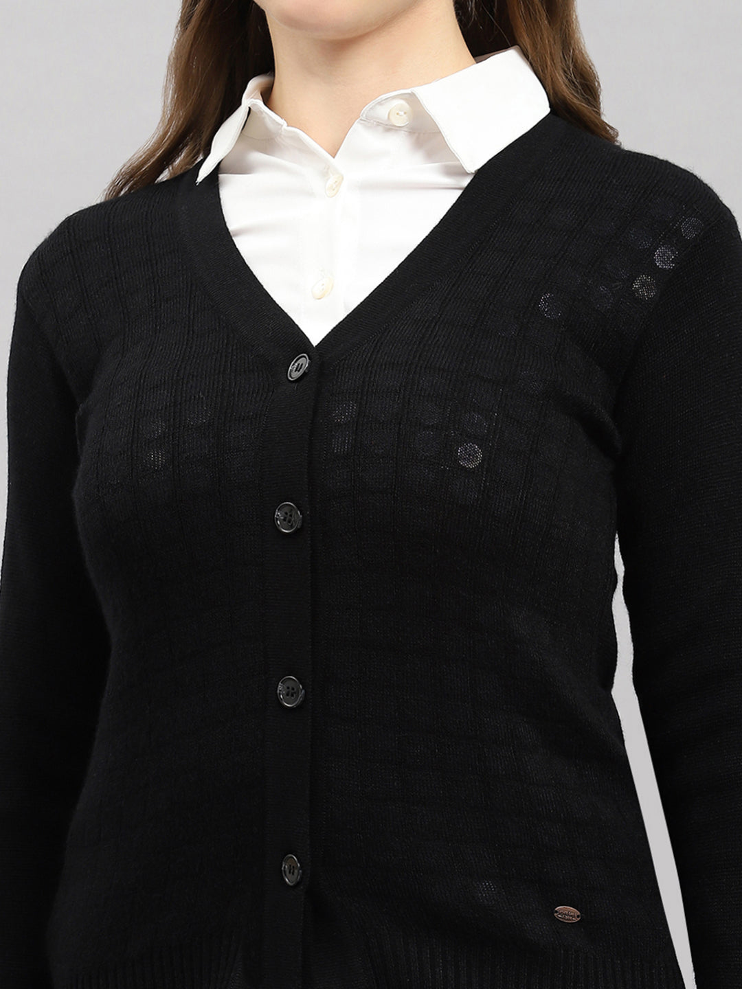 Women Black Self Design V Neck Full Sleeve Cardigan
