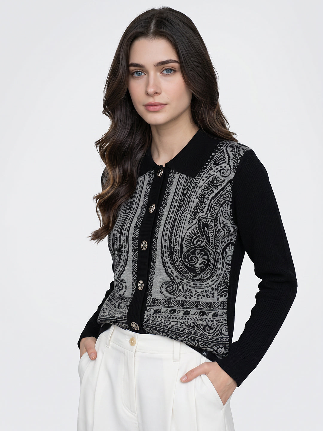 Women Black Jacquard Collar Full Sleeve Cardigan
