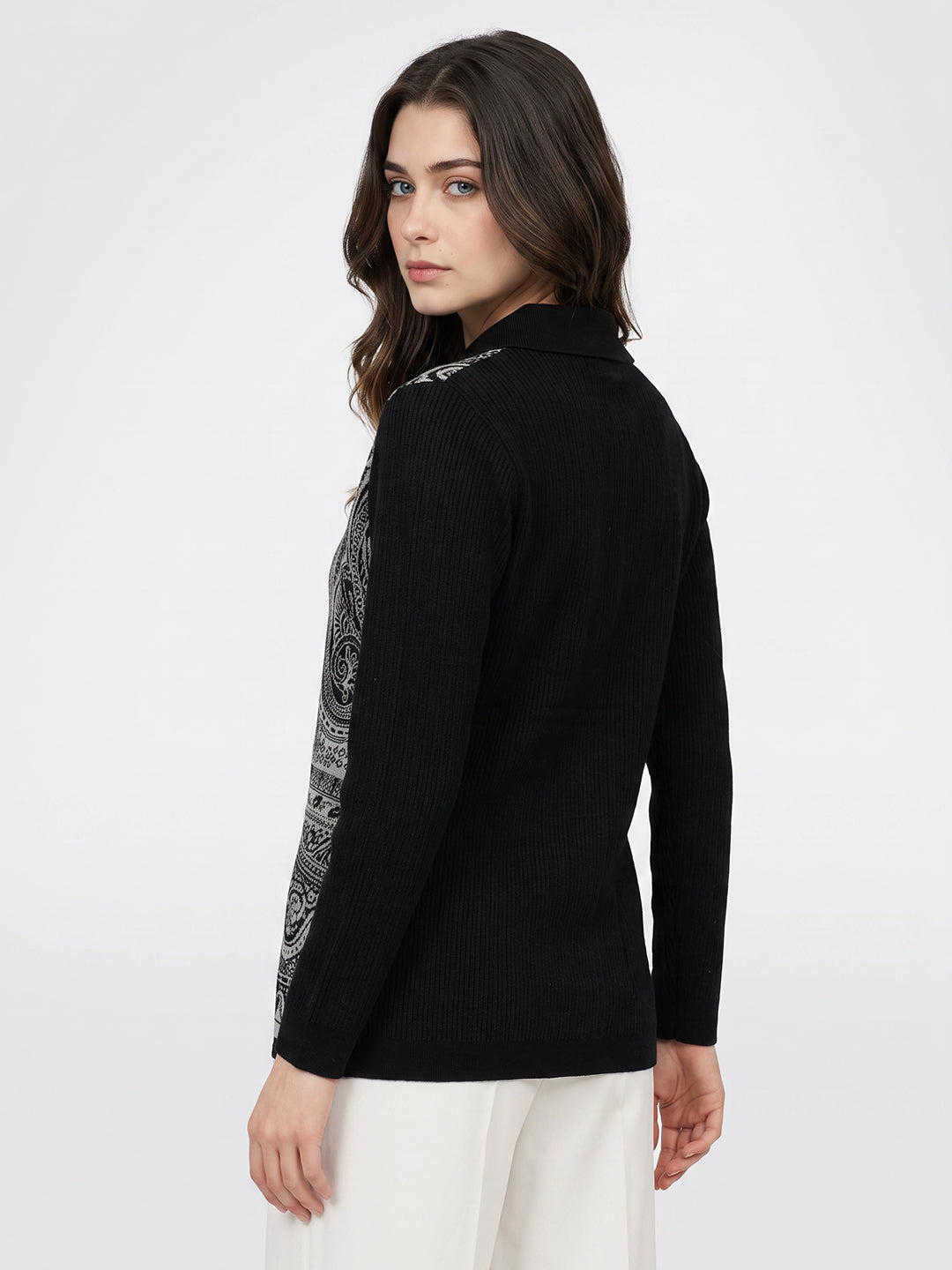 Women Black Jacquard Collar Full Sleeve Cardigan
