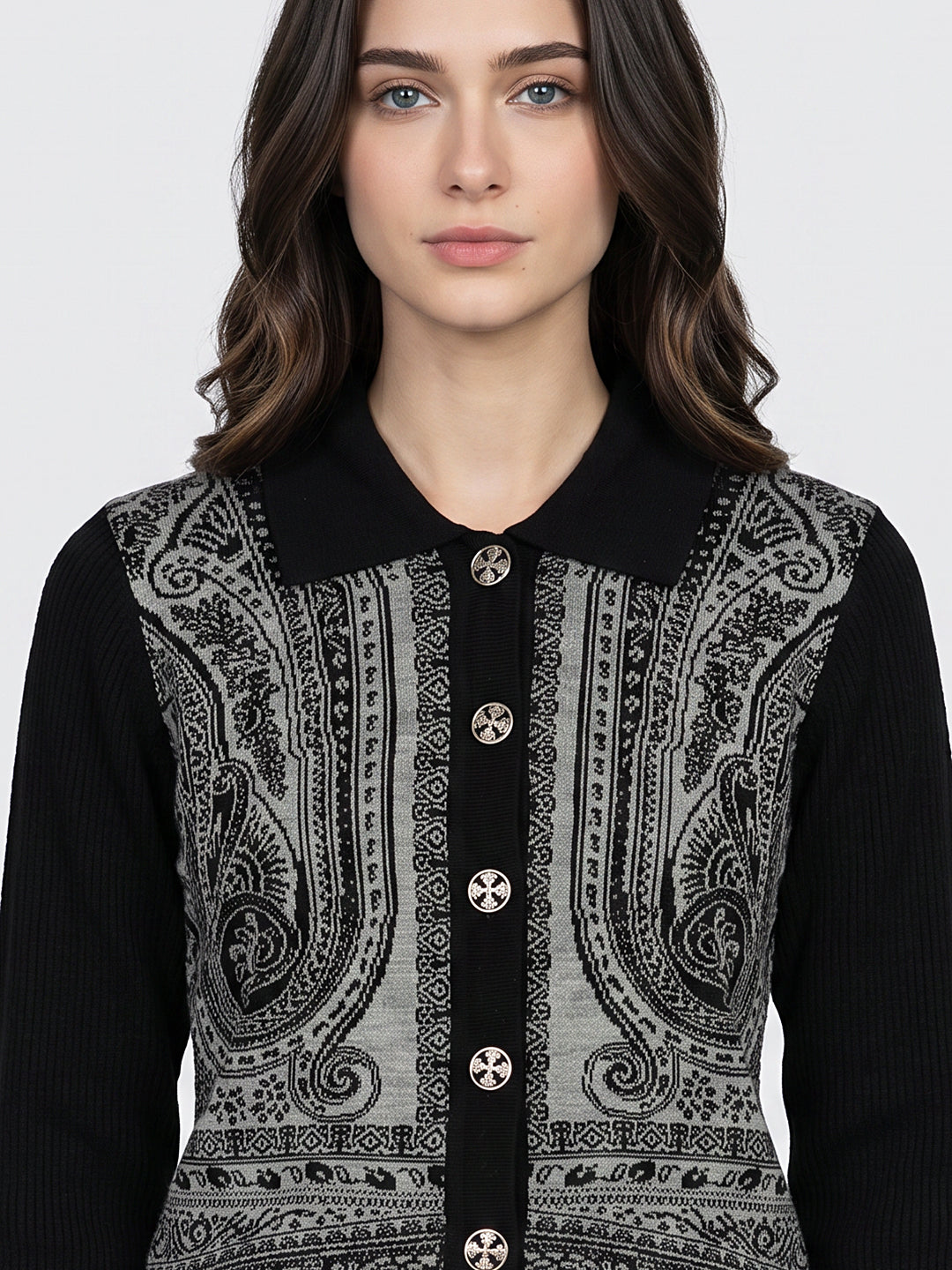 Women Black Jacquard Collar Full Sleeve Cardigan