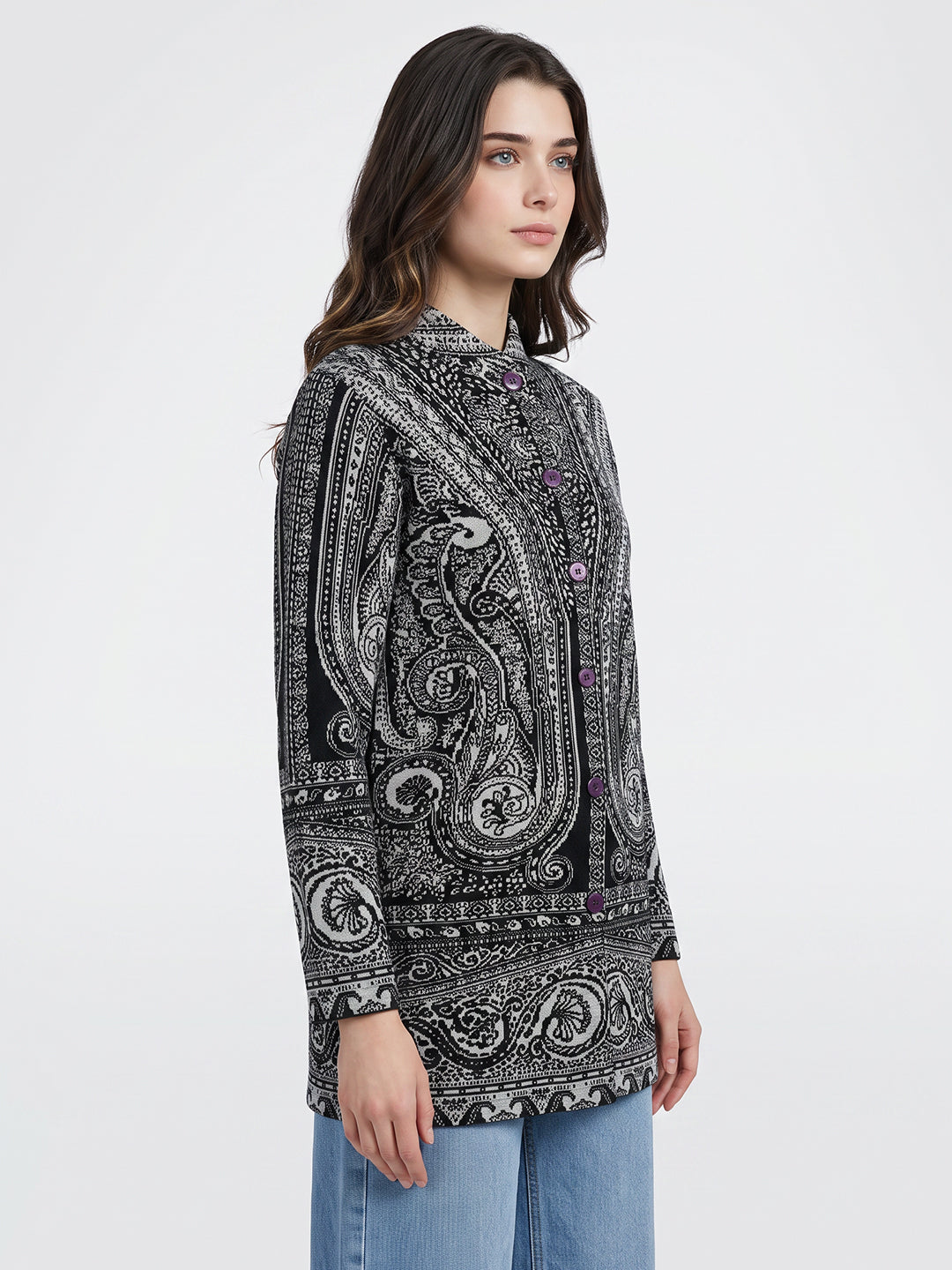 Women Black Jacquard Mandarin Collar Full Sleeve Coat