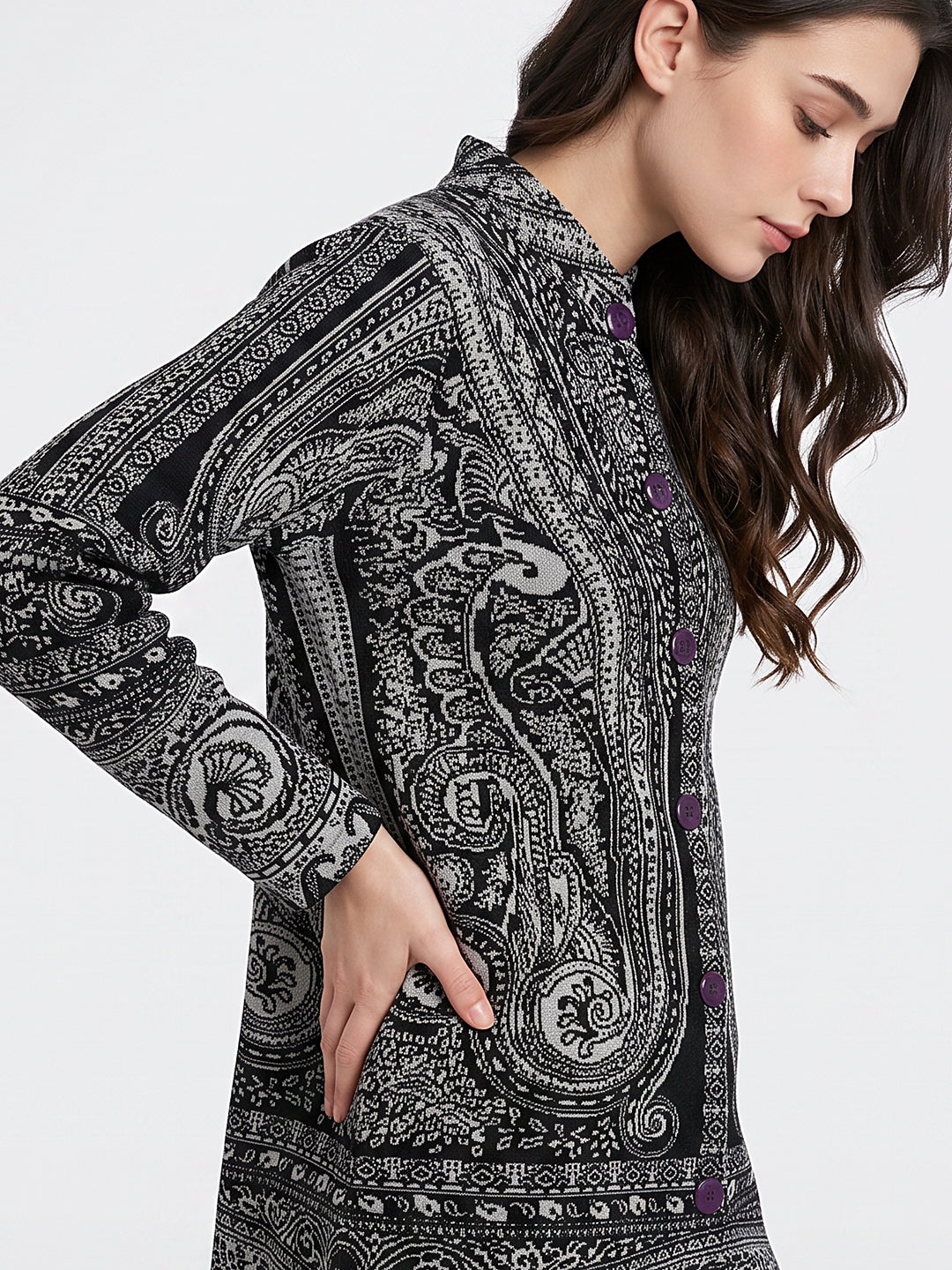 Women Black Jacquard Mandarin Collar Full Sleeve Coat