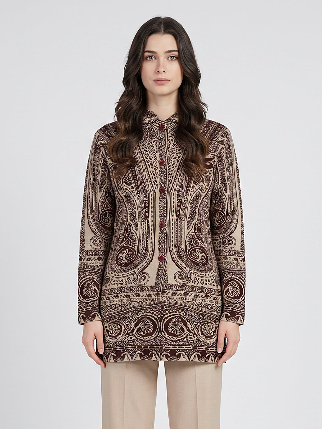 Women Maroon Jacquard Mandarin Collar Full Sleeve Coat