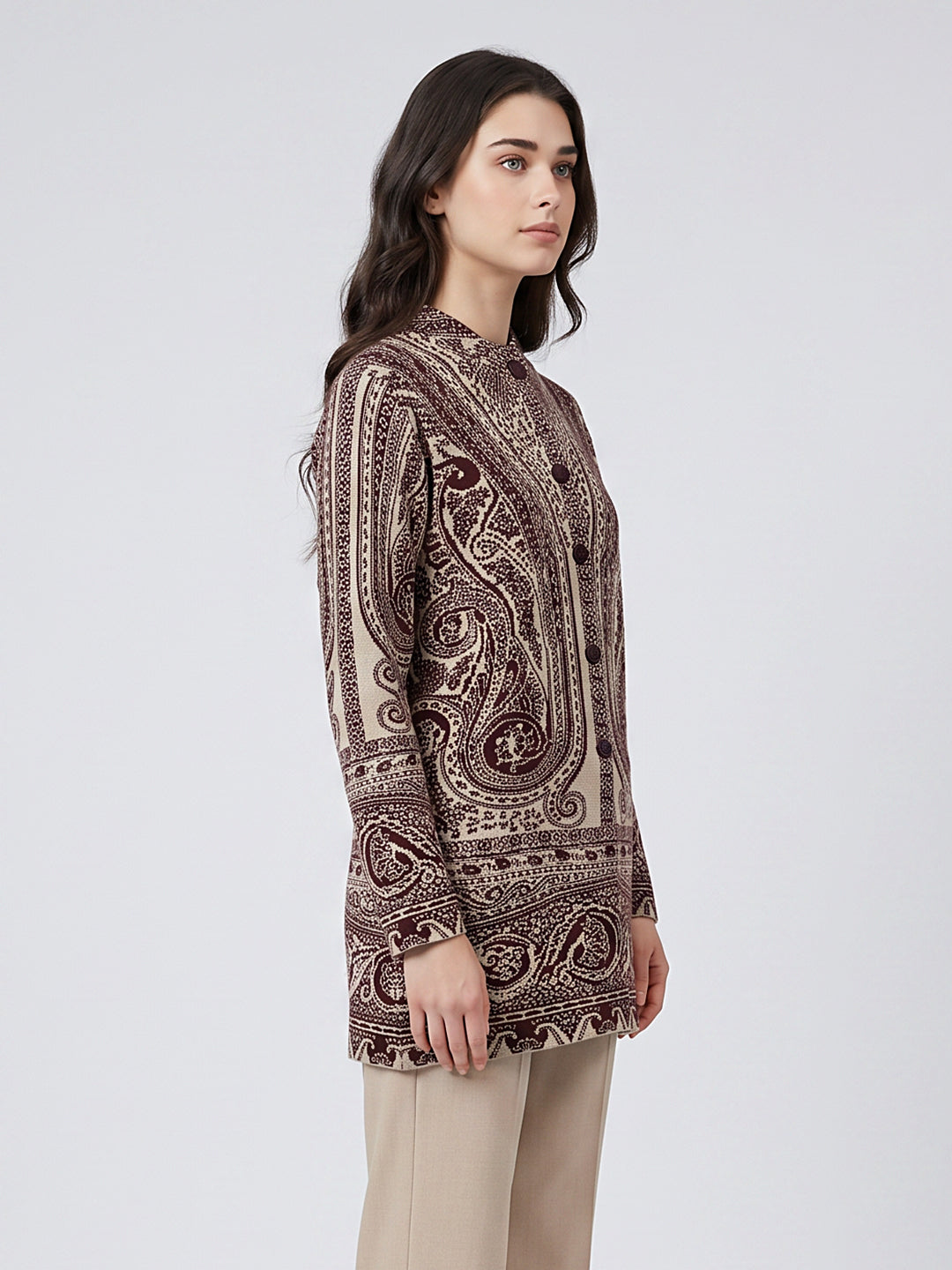 Women Maroon Jacquard Mandarin Collar Full Sleeve Coat