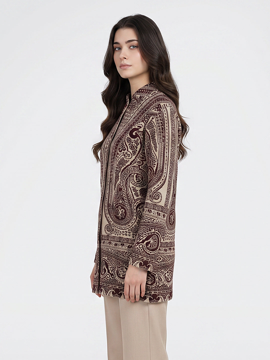 Women Maroon Jacquard Mandarin Collar Full Sleeve Coat