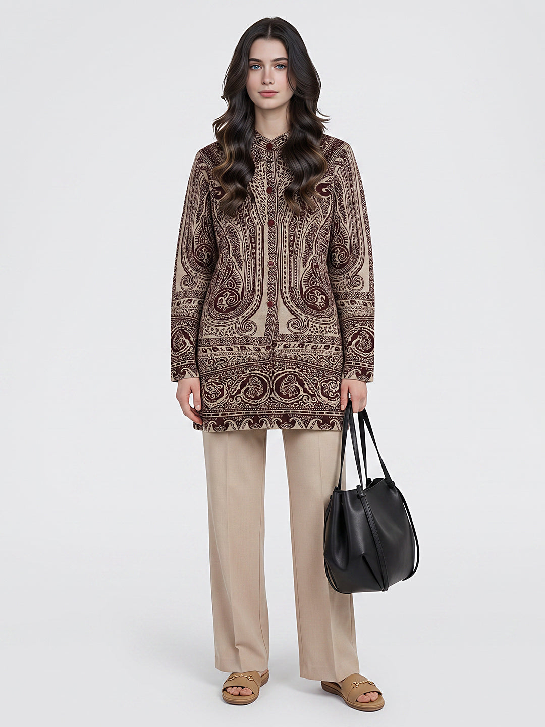 Women Maroon Jacquard Mandarin Collar Full Sleeve Coat