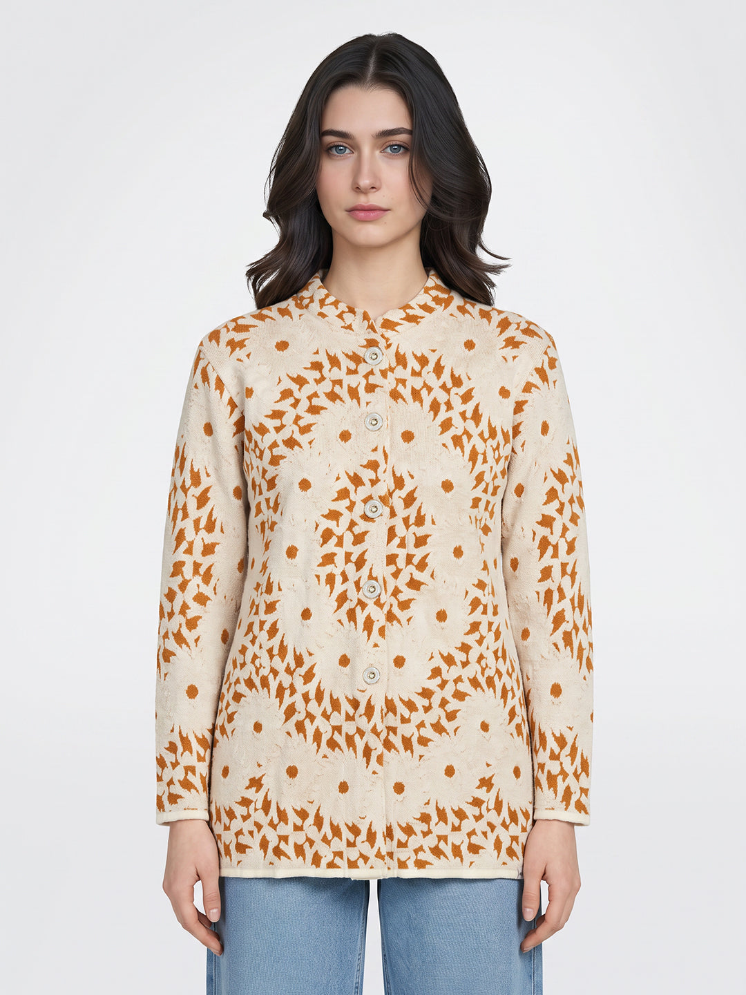 Women White Self Design Mandarin Collar Full Sleeve Coat