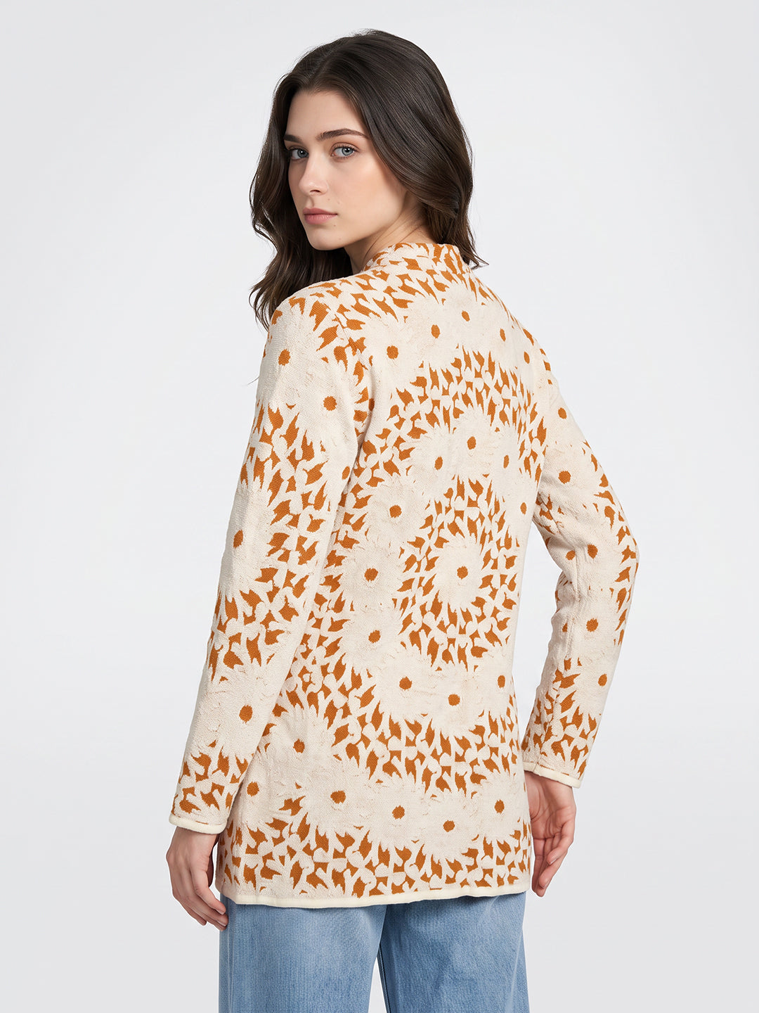 Women White Self Design Mandarin Collar Full Sleeve Coat