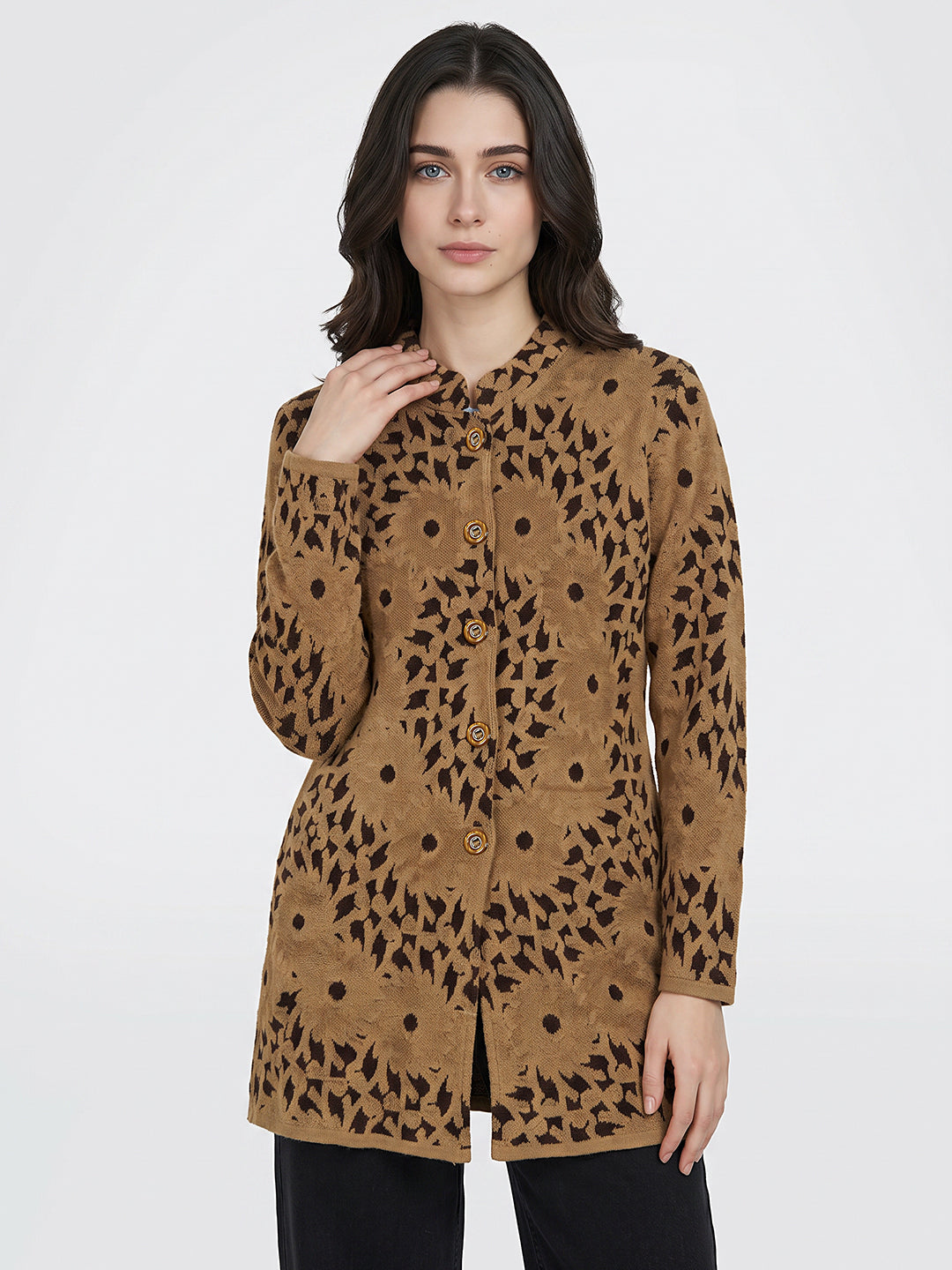 Women Camel Brown Self Design Mandarin Collar Full Sleeve Coat