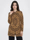 Women Camel Brown Self Design Mandarin Collar Full Sleeve Coat