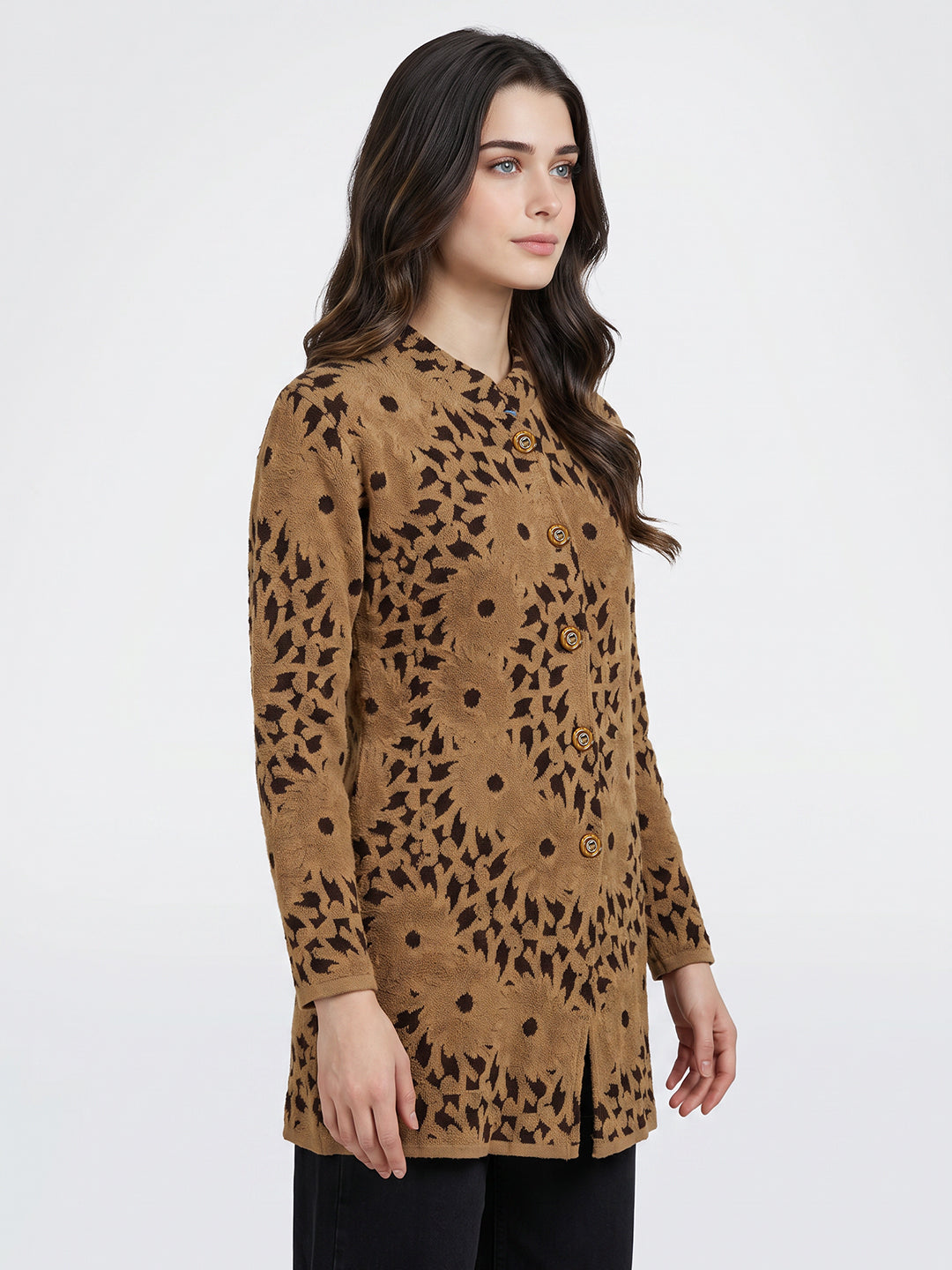 Women Camel Brown Self Design Mandarin Collar Full Sleeve Coat