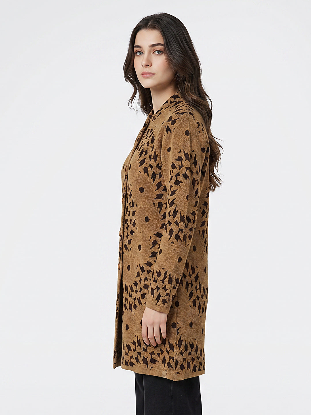Women Camel Brown Self Design Mandarin Collar Full Sleeve Coat