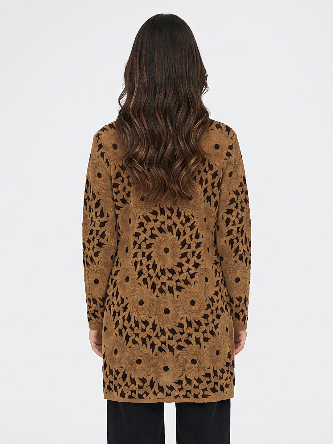 Women Camel Brown Self Design Mandarin Collar Full Sleeve Coat