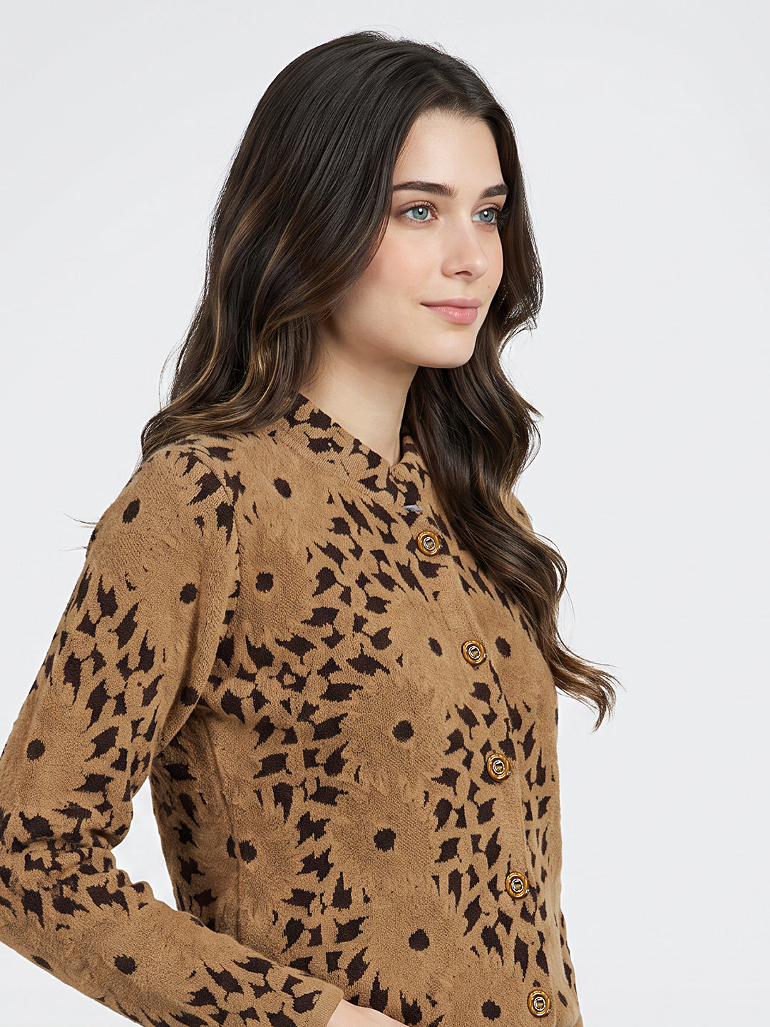 Women Camel Brown Self Design Mandarin Collar Full Sleeve Coat