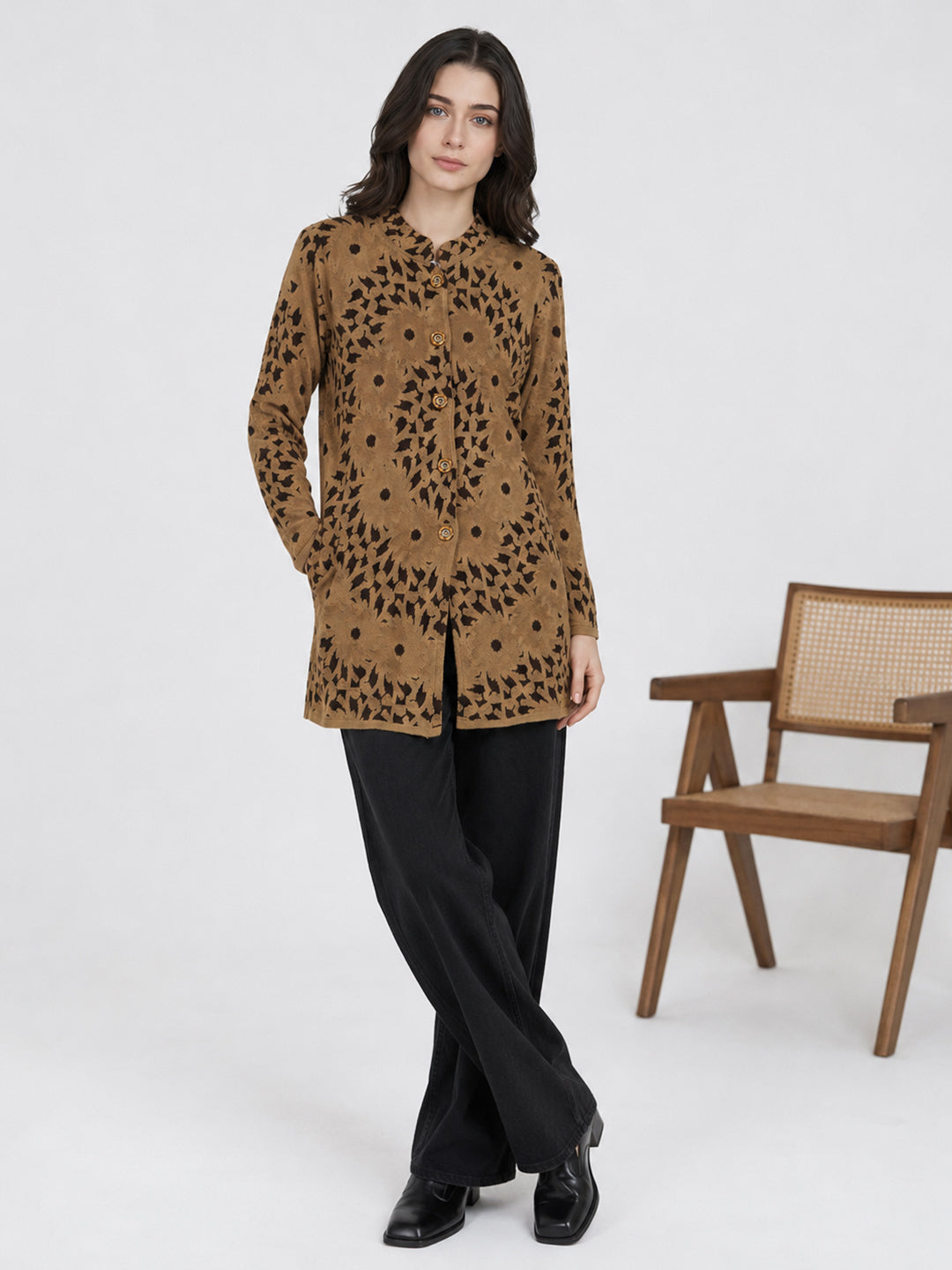 Women Camel Brown Self Design Mandarin Collar Full Sleeve Coat
