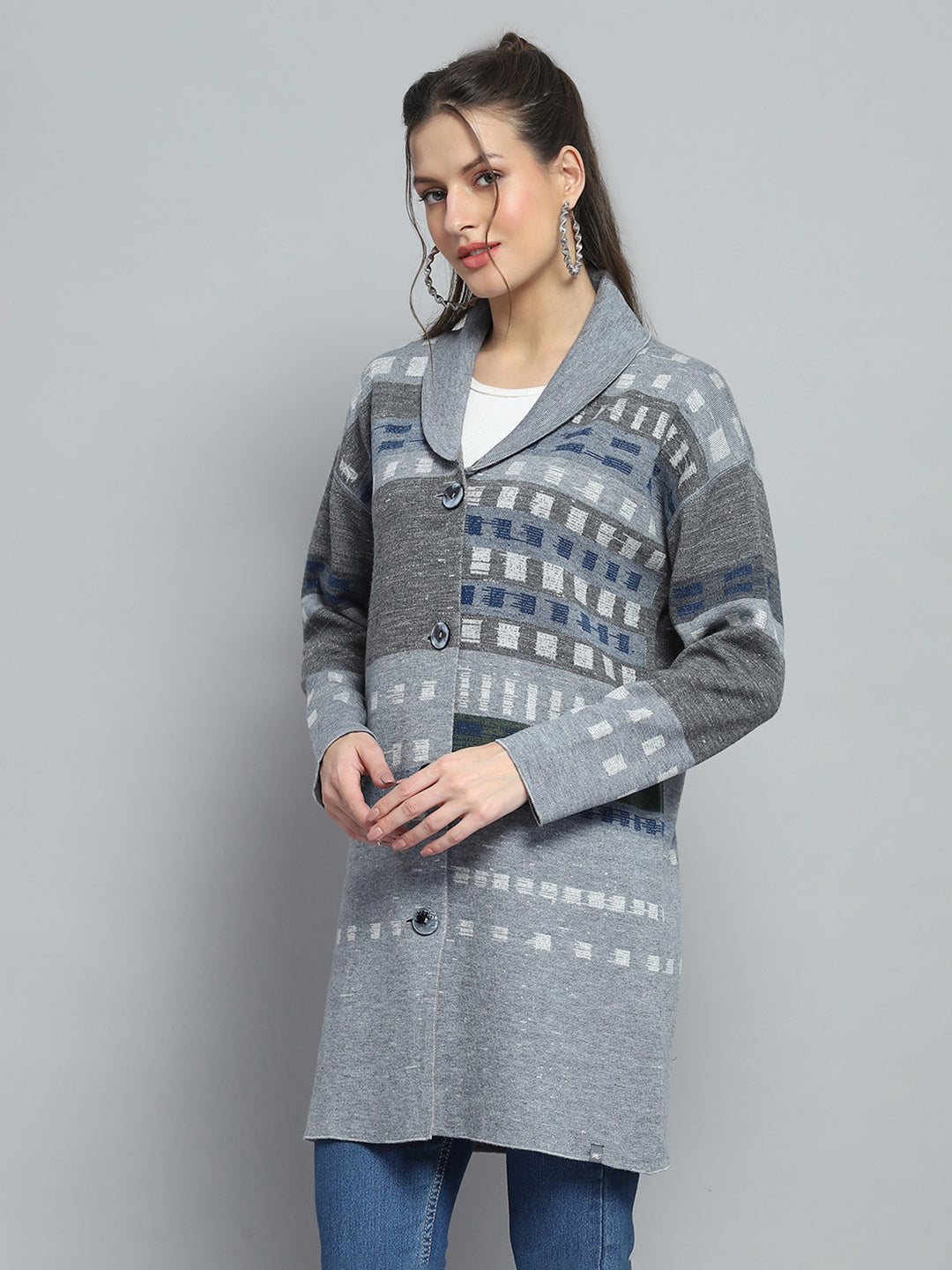 Women Grey Self Design Collar Full Sleeve Cardigan
