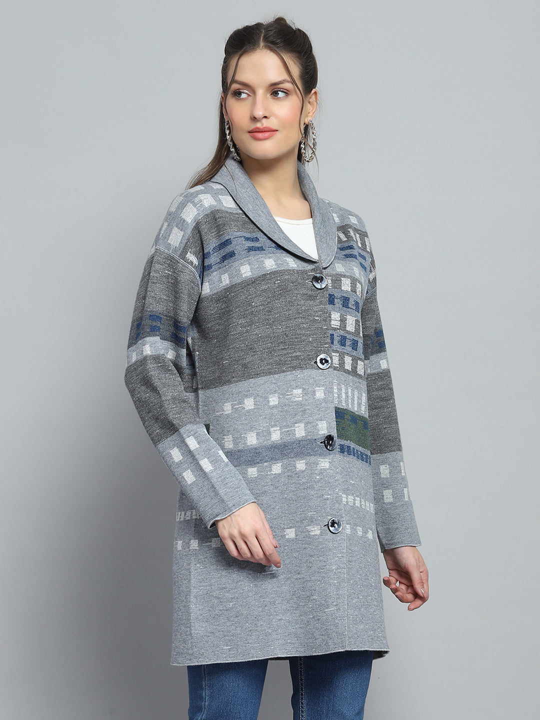 Women Grey Self Design Collar Full Sleeve Cardigan