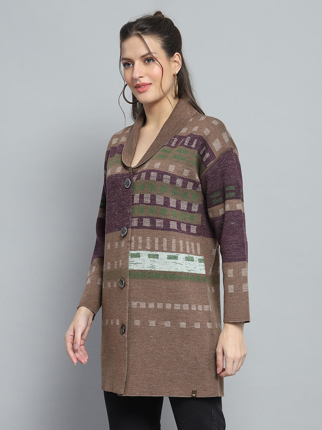 Women Brown Self Design Collar Full Sleeve Cardigan