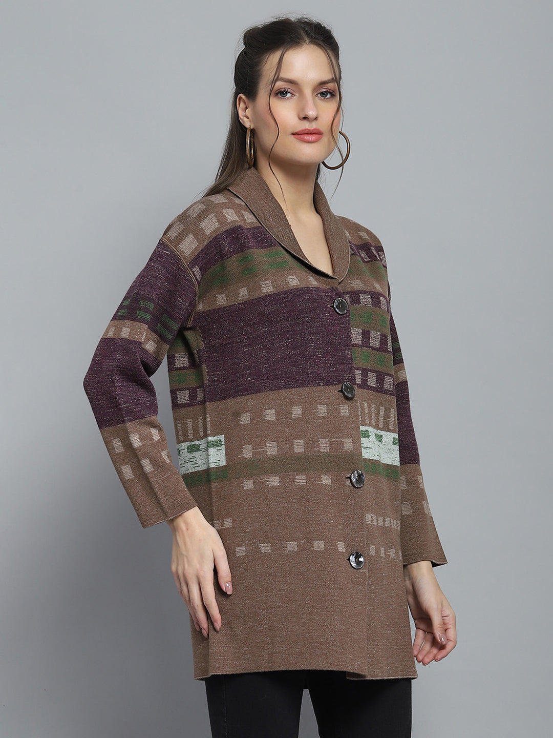 Women Brown Self Design Collar Full Sleeve Cardigan