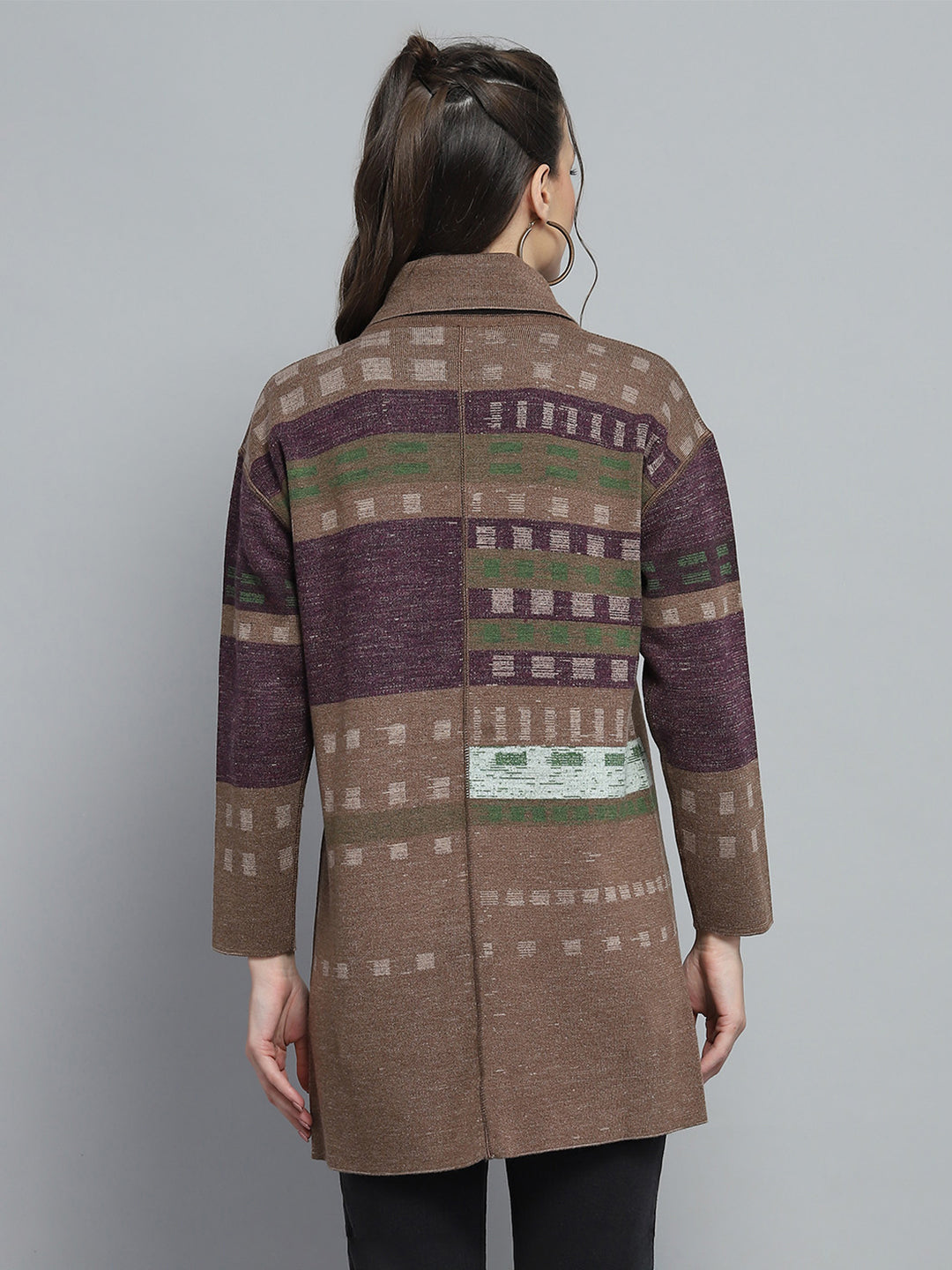 Women Brown Self Design Collar Full Sleeve Cardigan