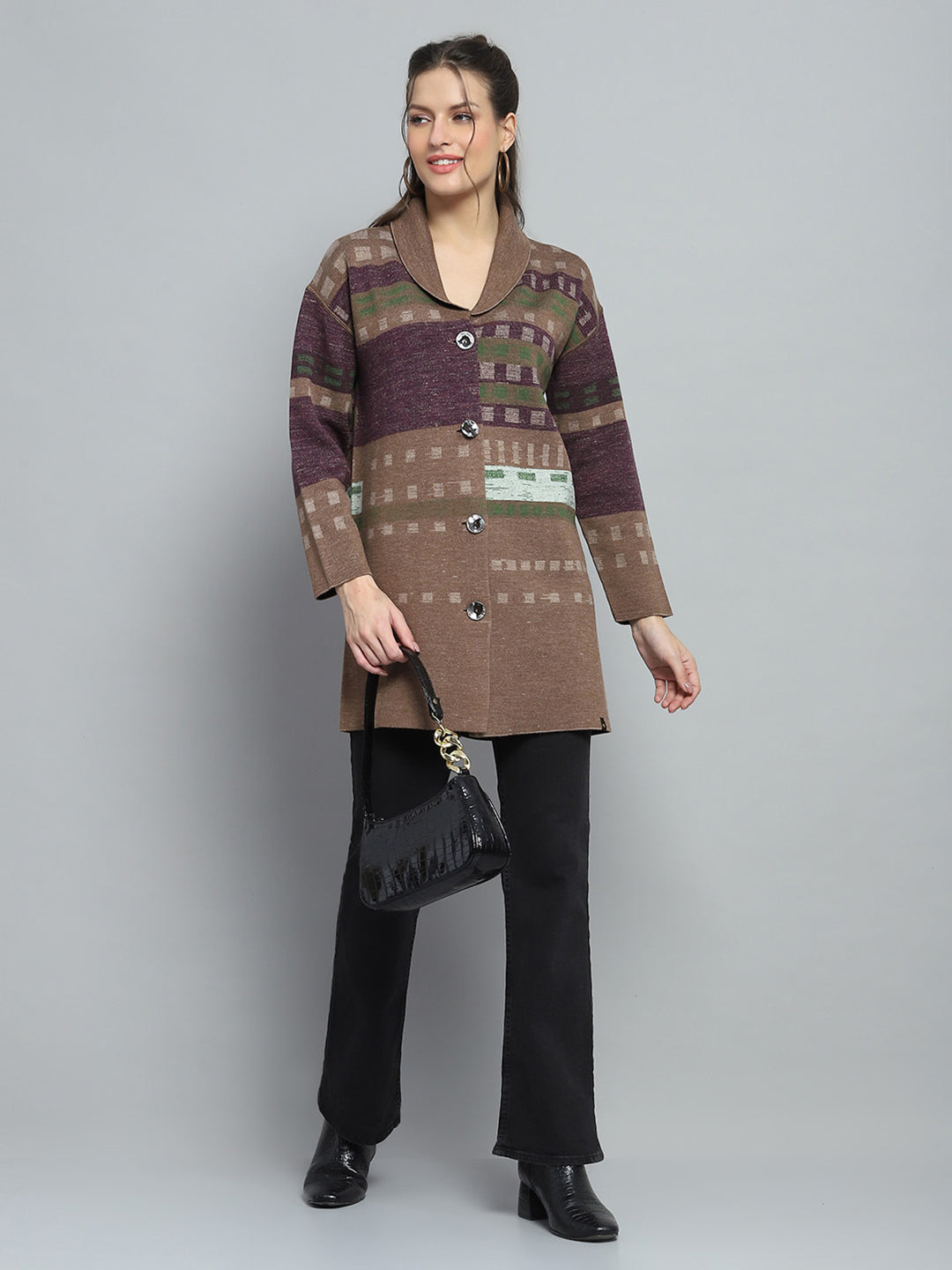 Women Brown Self Design Collar Full Sleeve Cardigan
