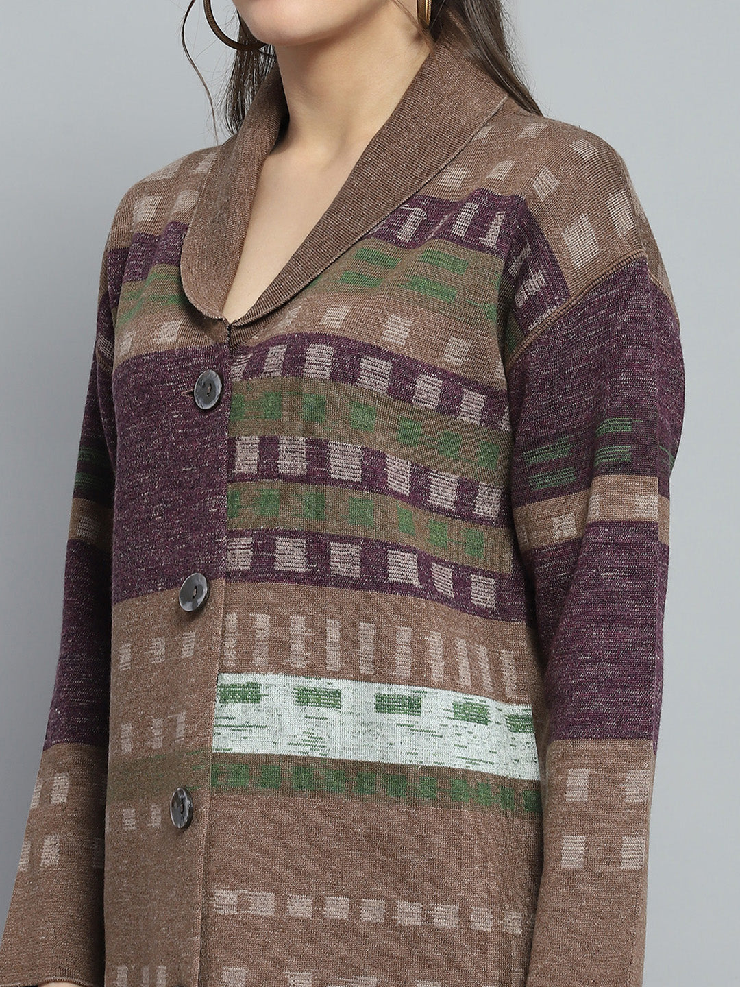 Women Brown Self Design Collar Full Sleeve Cardigan