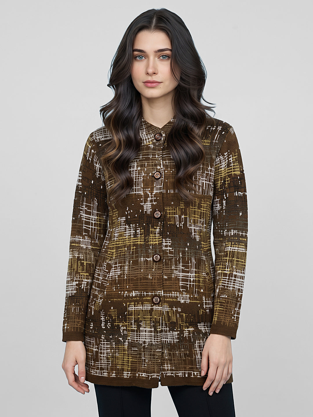 Women Brown Jacquard Round Neck Full Sleeve Coat