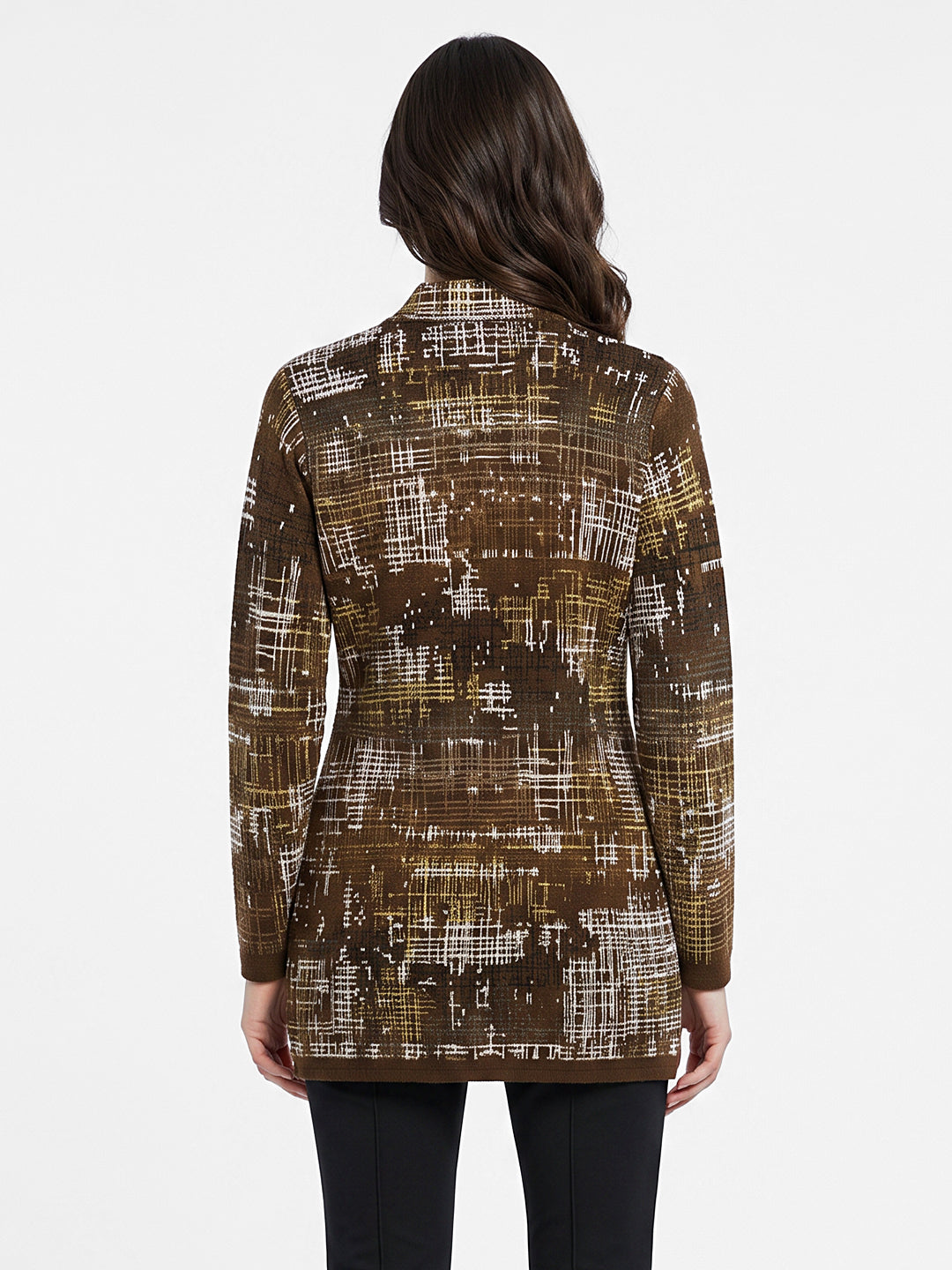 Women Brown Jacquard Round Neck Full Sleeve Coat