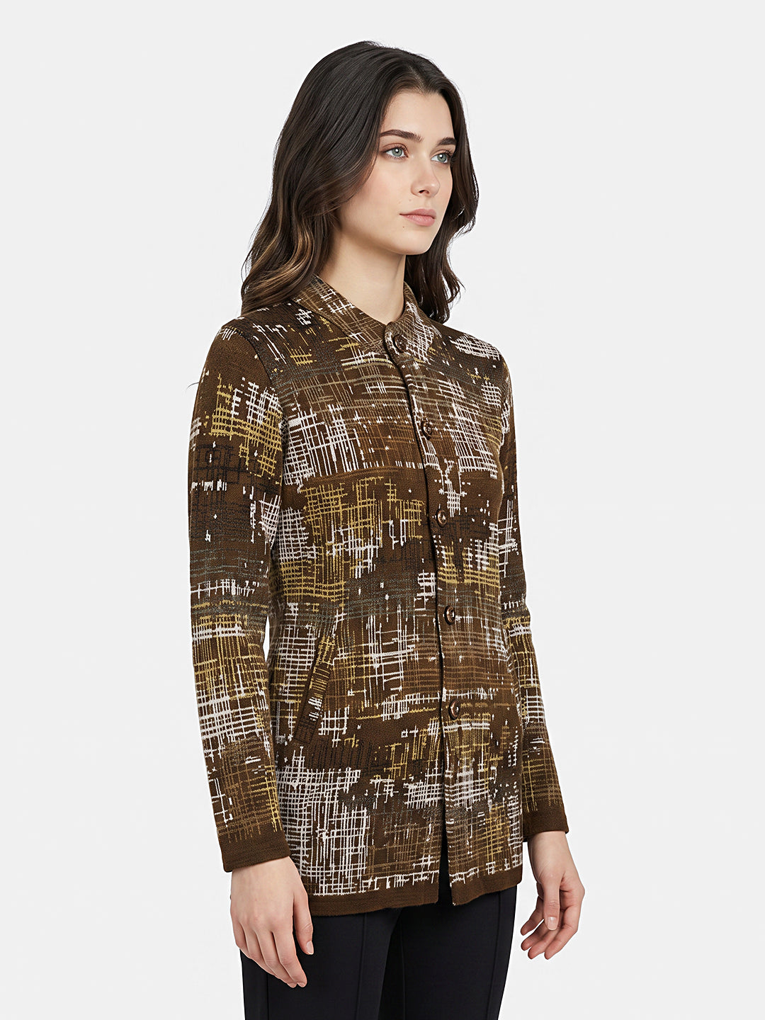 Women Brown Jacquard Round Neck Full Sleeve Coat