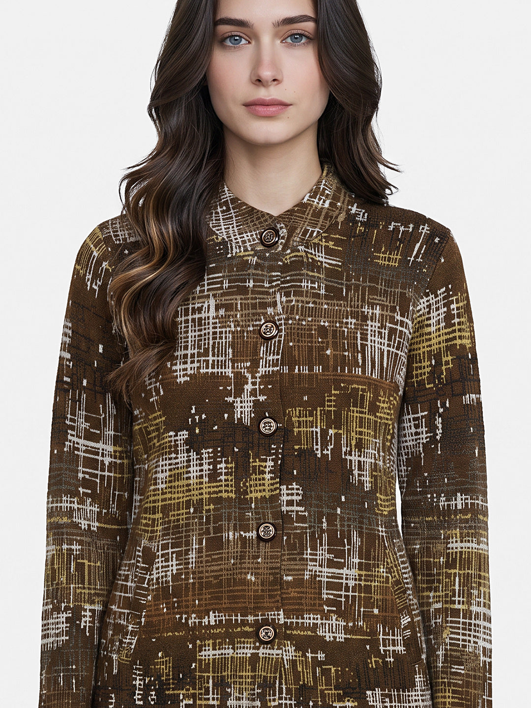 Women Brown Jacquard Round Neck Full Sleeve Coat