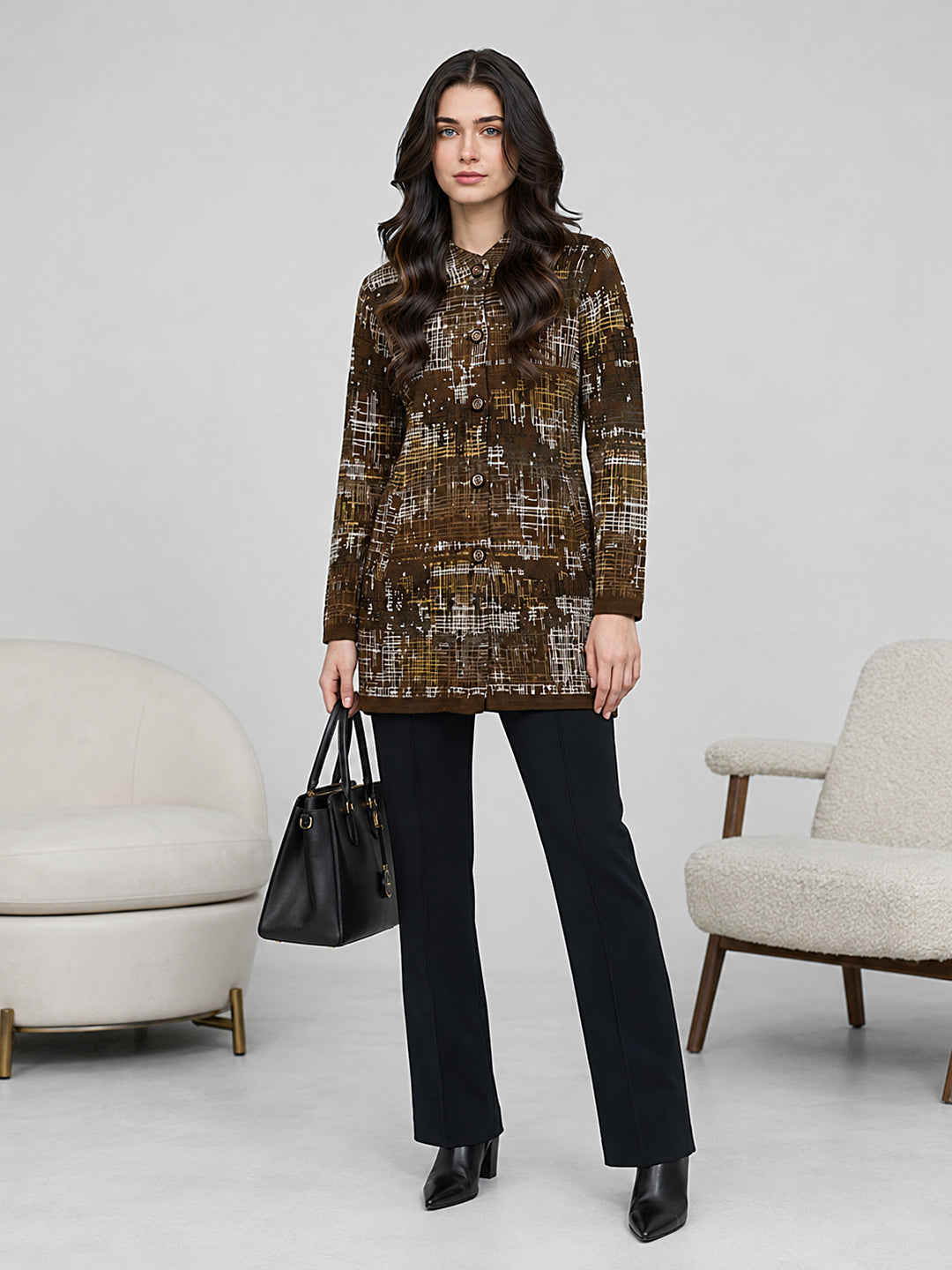 Women Brown Jacquard Round Neck Full Sleeve Coat