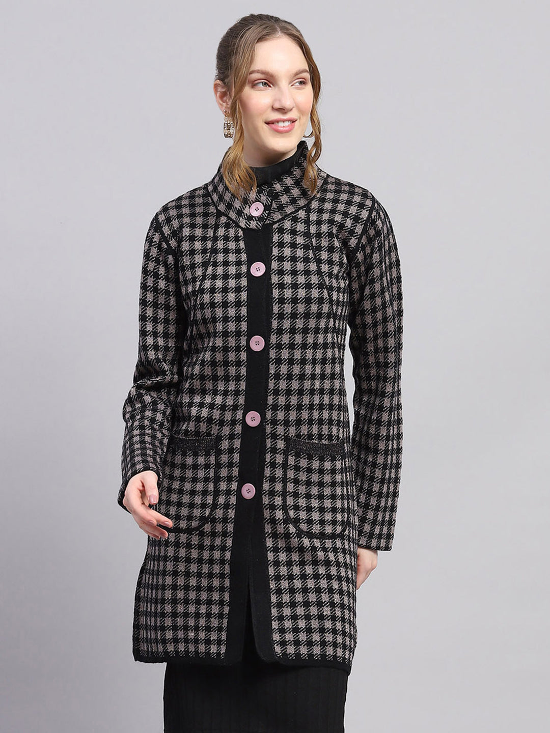 Women Black Solid Mock Neck Full Sleeve Knitted Coat