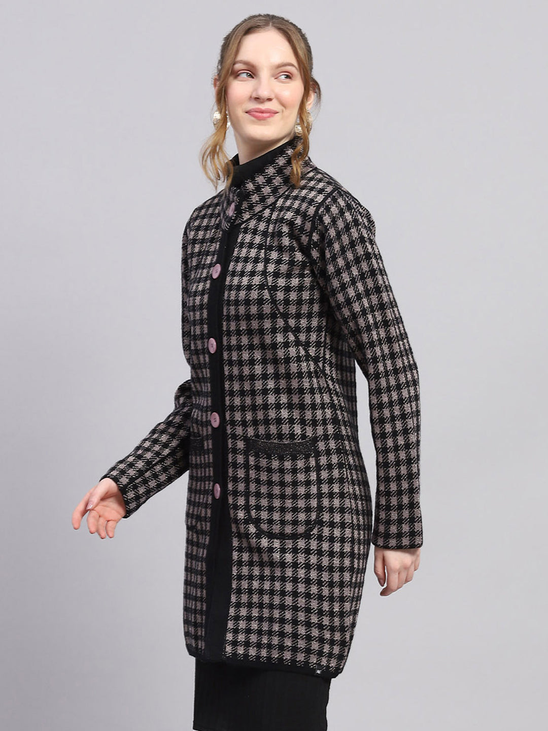 Women Black Solid Mock Neck Full Sleeve Knitted Coat