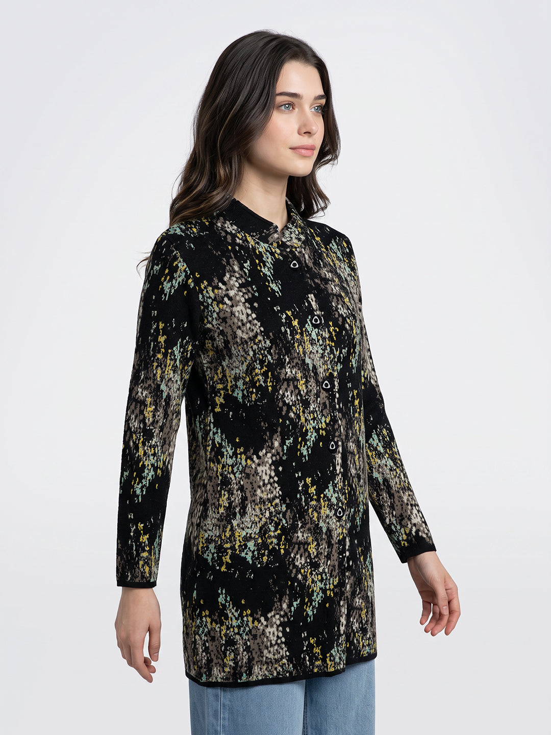 Women Black Jacquard Mandarin Collar Full Sleeve Coat
