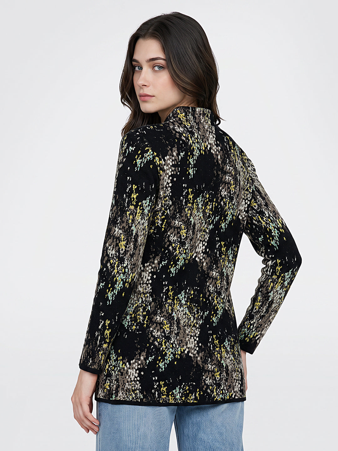 Women Black Jacquard Mandarin Collar Full Sleeve Coat