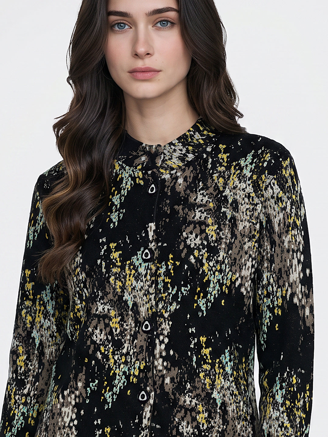 Women Black Jacquard Mandarin Collar Full Sleeve Coat