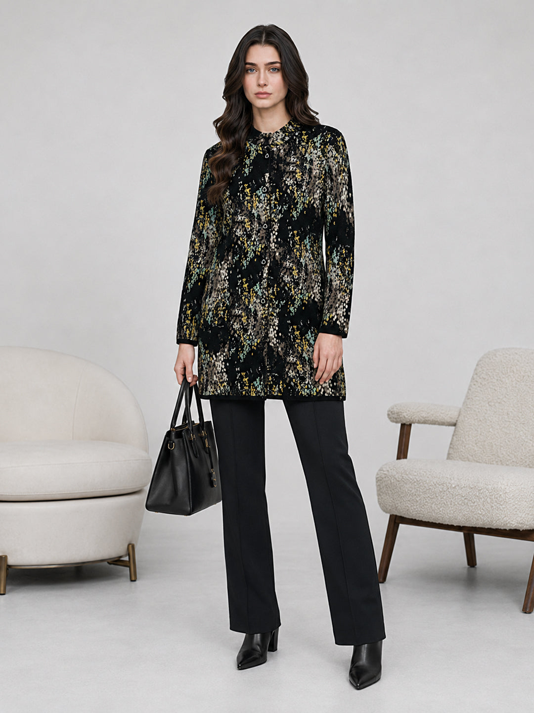 Women Black Jacquard Mandarin Collar Full Sleeve Coat