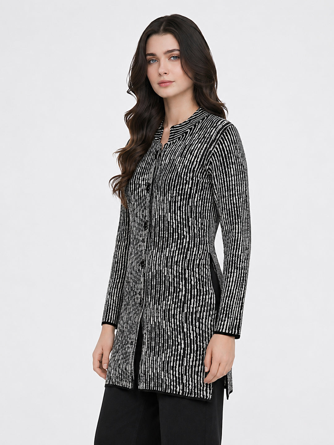 Women Black Jacquard Turtle Neck Full Sleeve Coat