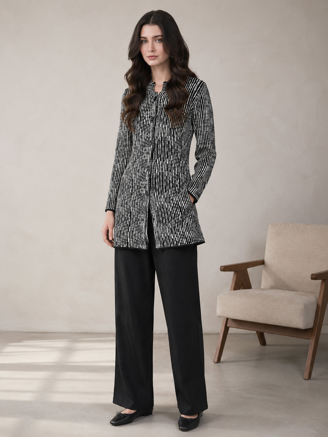 Women Black Jacquard Turtle Neck Full Sleeve Coat