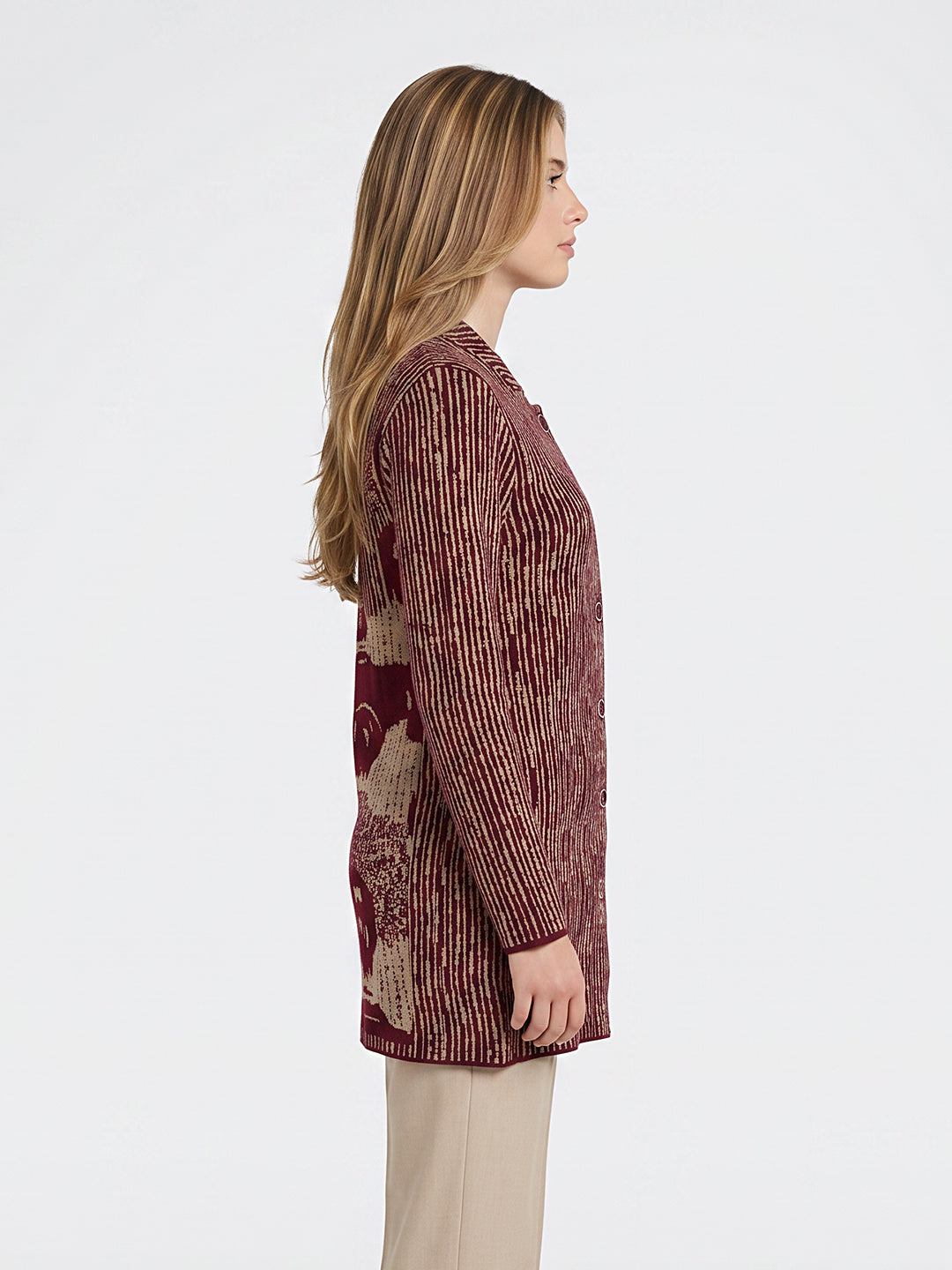 Women Maroon & White Jacquard Turtle Neck Full Sleeve Coat