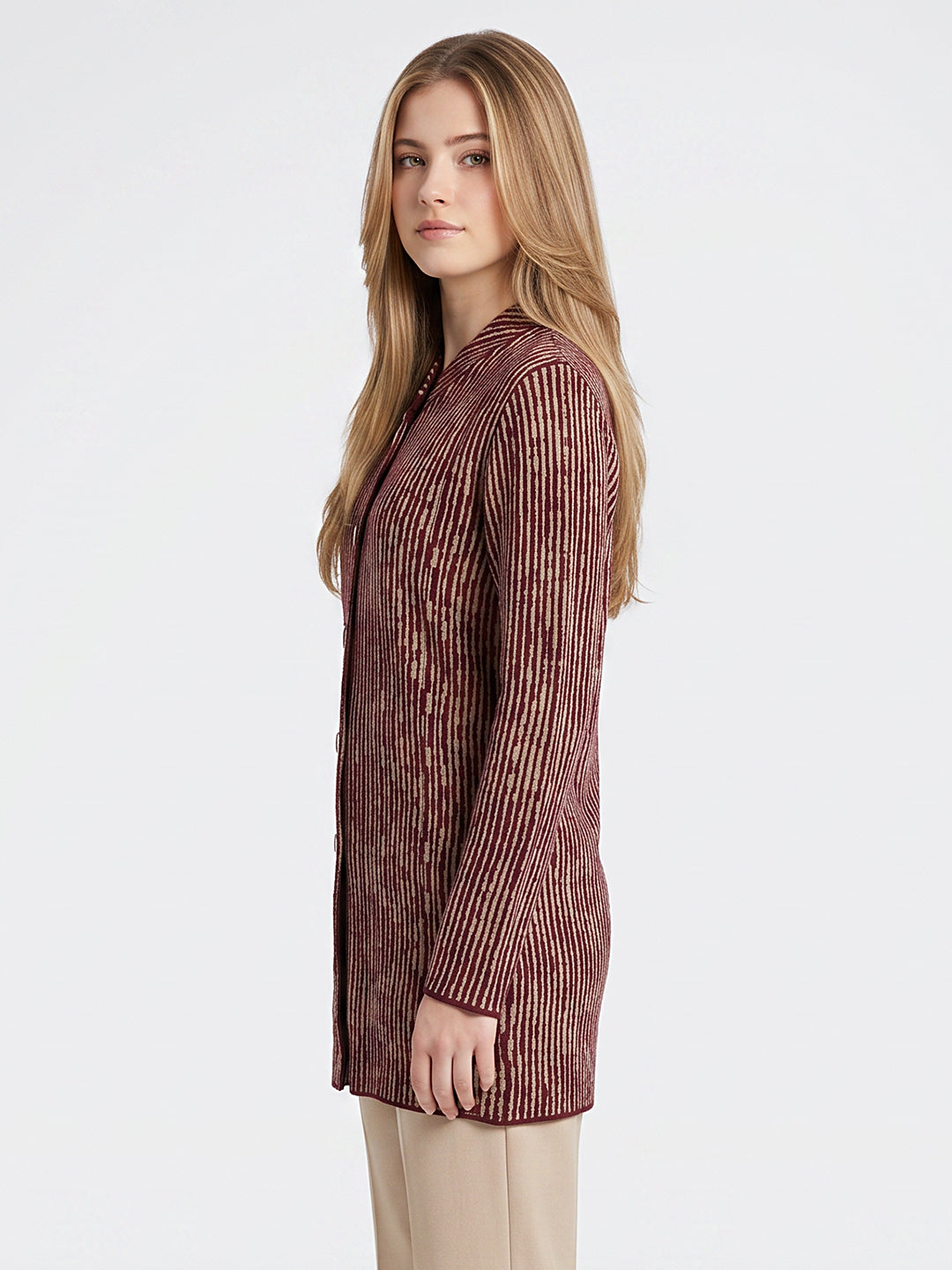 Women Maroon & White Jacquard Turtle Neck Full Sleeve Coat