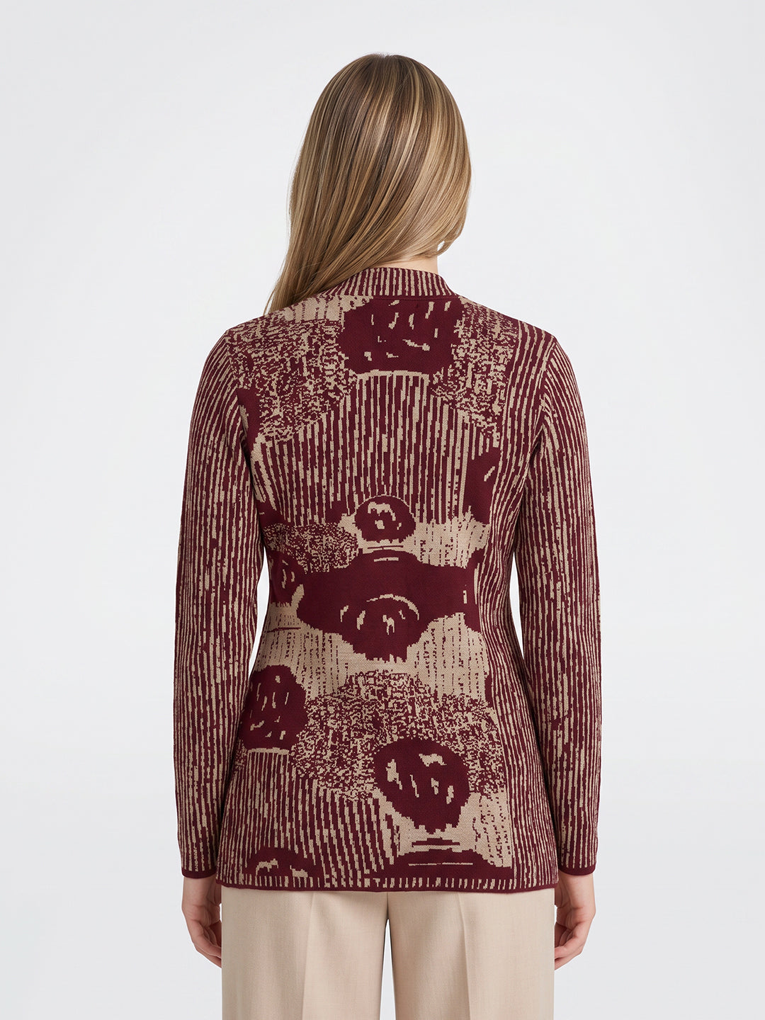 Women Maroon & White Jacquard Turtle Neck Full Sleeve Coat