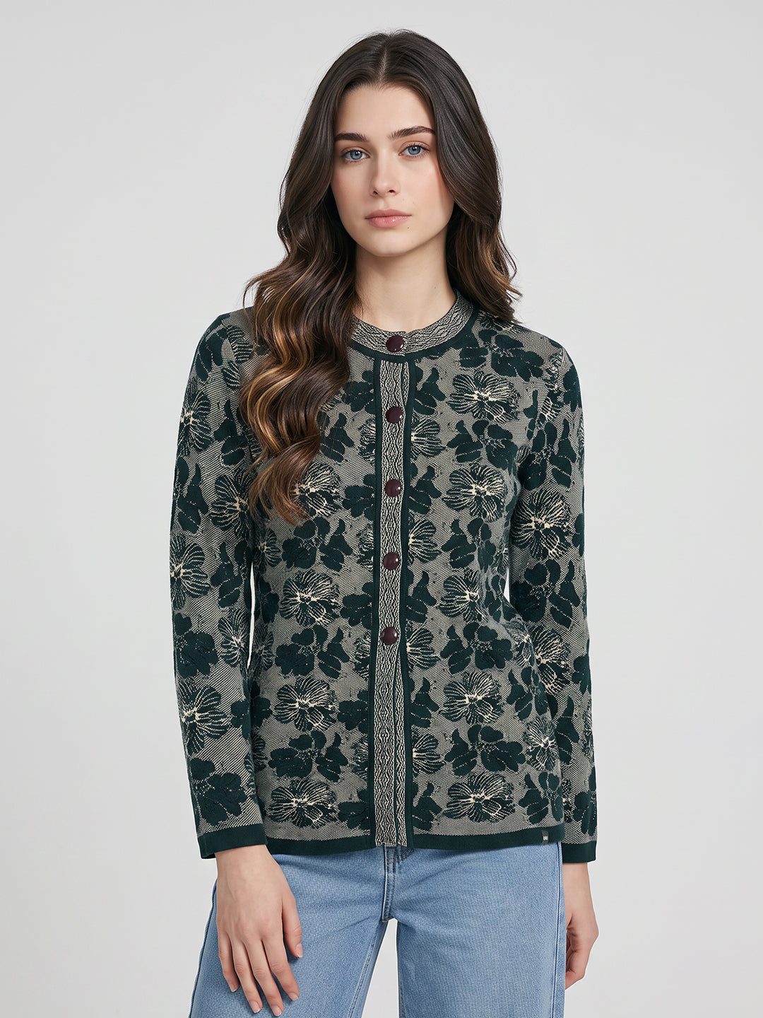 Women Green Jacquard Mandarin Collar Full Sleeve Cardigan