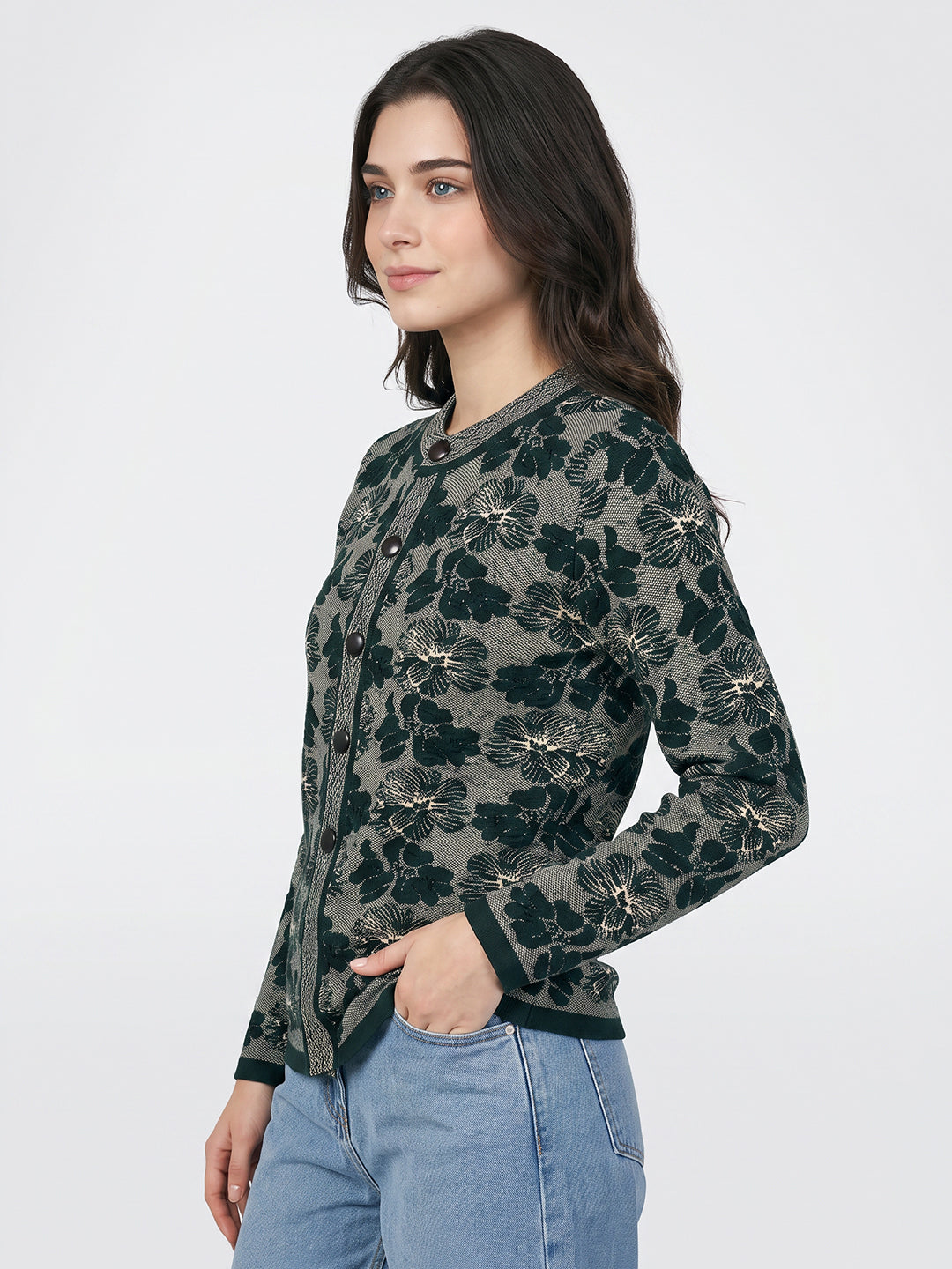Women Green Jacquard Mandarin Collar Full Sleeve Cardigan